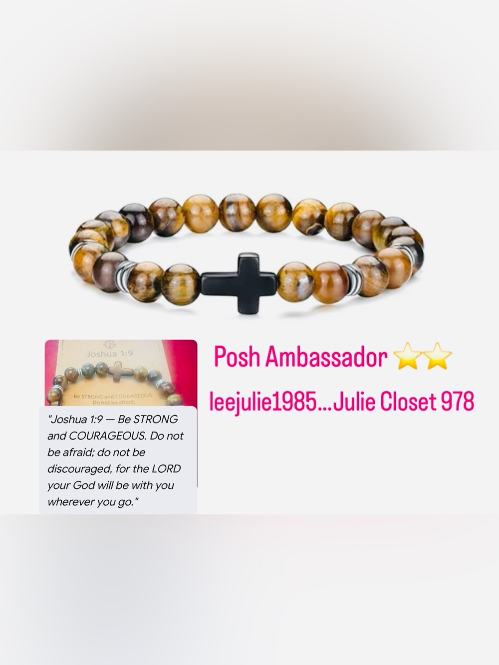 #3370**Tiger's Eye Bead Bracelet with Black Cross